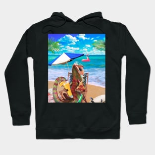 Chameleon Lizard Chilling Beach Pizza Drinking Funny Cute Hoodie